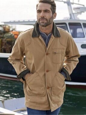 L.L.Bean Field Jacket Large Tan Canvas Barn Coat Corduroy Collar Plaid Lined